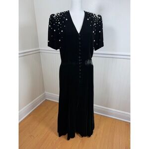Vintage Argenti Notte Black Velvet Pearl Embellished Maxi Dress Size 8 Formal
